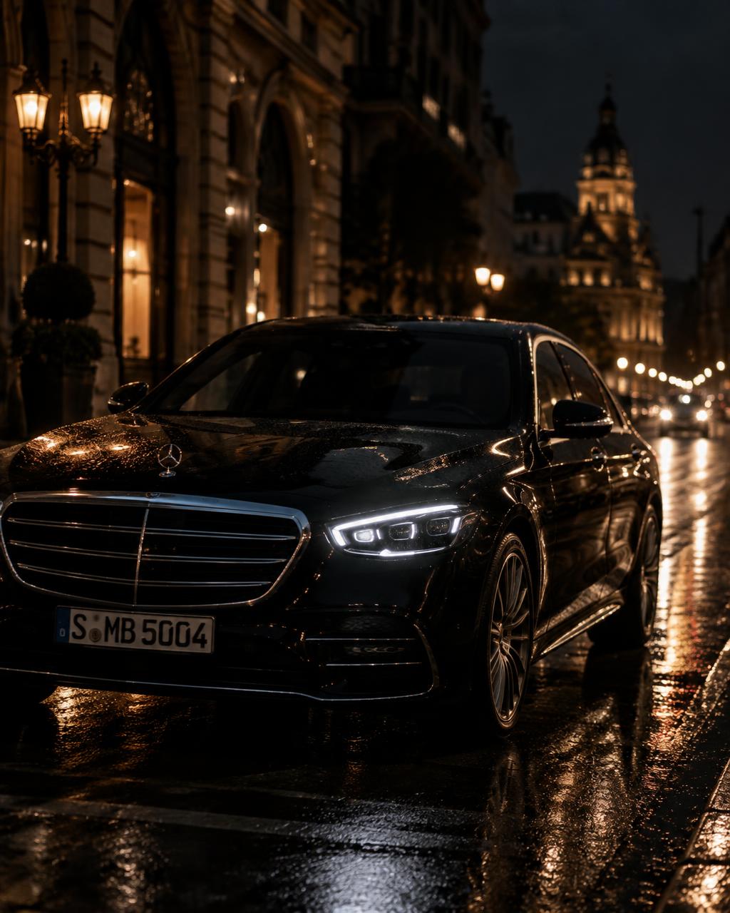 Black executive sedan in Manhattan at night
